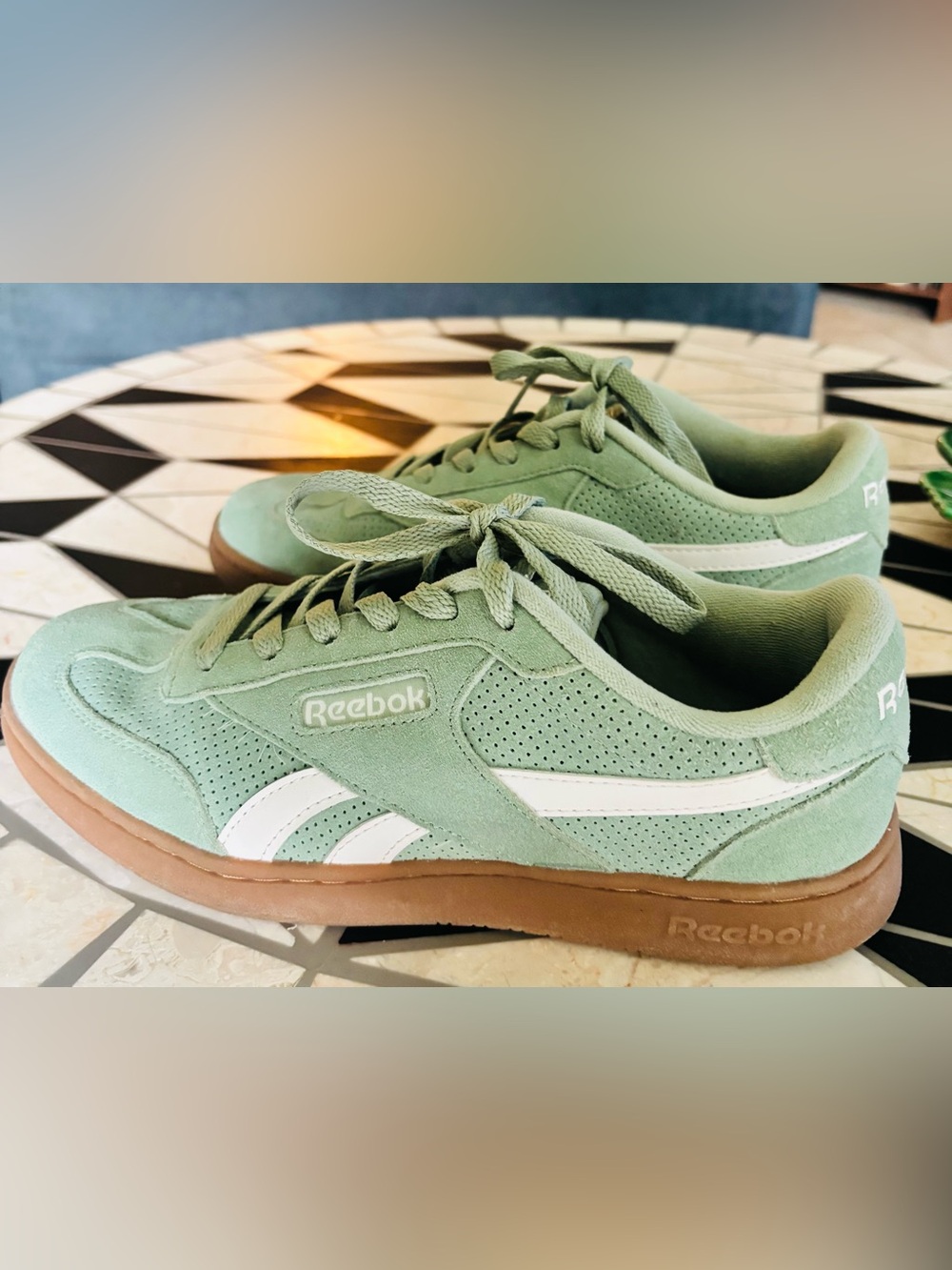 Reebok women’s Mint Green Suede Low-Top Sneakers with White Accents